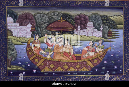 Scène d'amour de Maharaja King appréciant la danse et la musique en bateau, peintures de Mughal, peinture miniature, Inde Banque D'Images