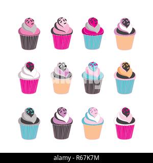 Ensemble de 12 cupcakes mignon isolé sur fond blanc. Vector illustration Illustration de Vecteur