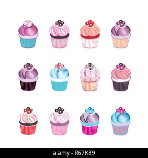 Ensemble de 12 cupcakes mignon isolé sur fond blanc. Vector illustration Illustration de Vecteur