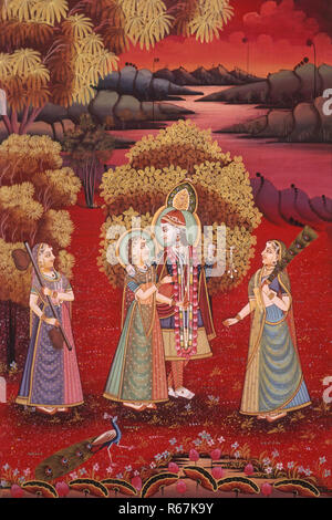 Radha Krishna dans un jardin avec paon et maid avec instruments de musique, peinture miniature sur soie, Inde Banque D'Images