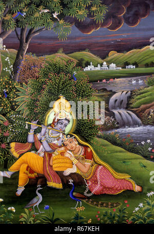 Radha Krishna dans le jardin, peinture miniature, Inde Banque D'Images