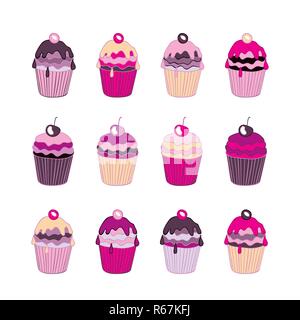 Ensemble de 12 cupcakes mignon isolé sur fond blanc. Vector illustration Illustration de Vecteur