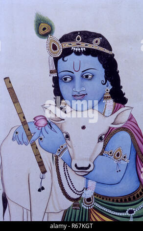 Seigneur Bal Krishna avec vache en miniature peinture sur papier Banque D'Images