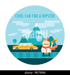 Hipster beau gars en vêtement élégant, debout près de sa voiture cool. Cute cartoon character. Vector illustration Illustration de Vecteur