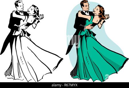 Un couple dans un smoking et robe de bal danses de salon. Illustration de Vecteur