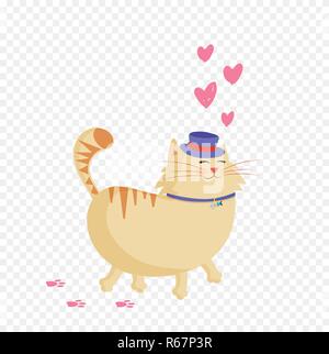 Vector illustration of cute cartoon chat masculin ginger boy caractère dans top hat walking avec sourire et coeurs autour. Dans l'amour de chat Valentines isola Illustration de Vecteur