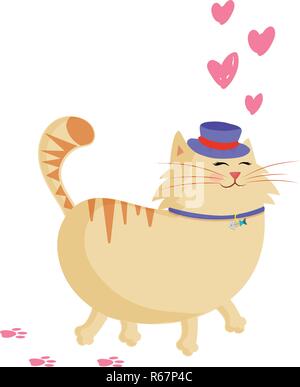 Vector illustration of cute cartoon chat masculin ginger boy caractère dans top hat walking avec sourire et coeurs autour. Valentine cat amoureux isolat Illustration de Vecteur