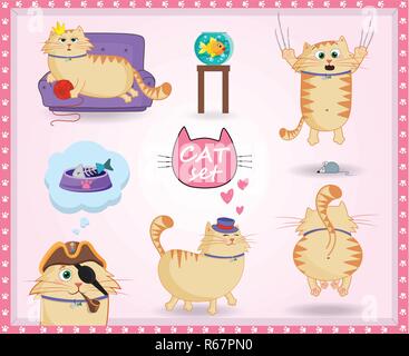 Vector set of cute cartoon chat gingembre personnage dans différentes situations sur fond rose avec des pattes du châssis. La vie de chat méchant de routine et p Illustration de Vecteur