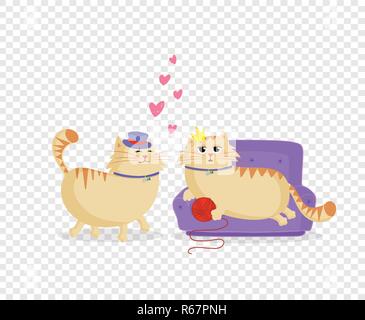 Cute cartoon chats garçon et fille dans l'amour. Chat mâle en haut de forme et la princesse femelle chat sur le canapé avec ballon et coeurs roses entre d'eux. Valentine d Illustration de Vecteur