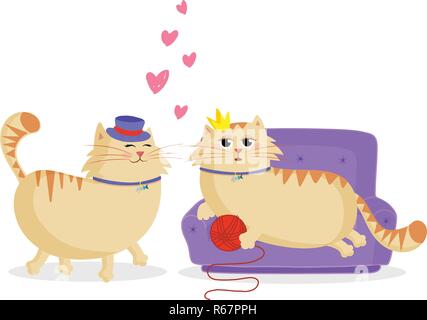 Cute cartoon chats garçon et fille dans l'amour. Chat mâle en haut de forme et la princesse femelle chat sur le canapé avec ballon et coeurs roses entre d'eux. Valentines Illustration de Vecteur