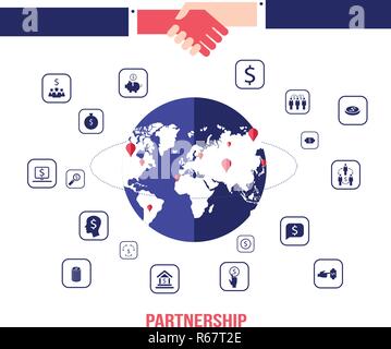 Poignée de main et des icônes pour le web world map background Vector illustration du concept d'entreprise réussie Illustration de Vecteur