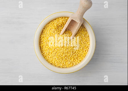 Graines de millet bio dans un bol en céramique blanc en bois sur table rustique.Grain avec sa saveur doucement sucré, est savoureuse, apaisante, non acide. Banque D'Images