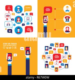 Hand holding smartphone Social Network Technology Communication concept Banner set Vector illustration Illustration de Vecteur
