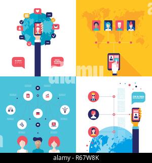 La technologie de réseau social en utilisant les gens bannière divers appareils électroniques les applications de téléphonie mobile et tablette Illustration de Vecteur