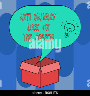 Texte de l'écriture manuscrite Anti Malware verrou sur l'écran. Sécurité Sécurité sens Concept contre les malwares hacking idée à l'intérieur de l'icône de demi-teinte blanc Discours Bubbl Banque D'Images