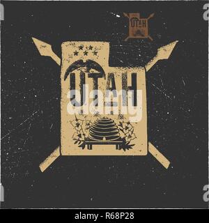 L'affiche de l'Utah rétro avec des symboles. USA insigne de l'état isolé sur fond de détresse. Parfait pour t-shirt, patch, s'imprime. Stock vector illustration isolé sur fond blanc Illustration de Vecteur