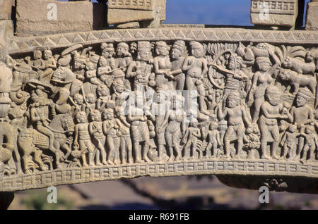 Gateway, Great Stupa, Sanchi Stupa, complexe bouddhiste, Sanchi, Vidisha, Raisen, Madhya Pradesh, Inde, Asie Banque D'Images