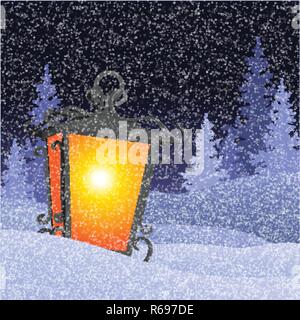 Paysage d'hiver avec vintage lanterne en bancs Illustration de Vecteur