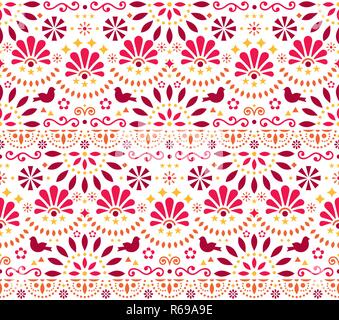 L'art populaire traditionnel mexicain seamless vector motif géométrique avec fleurs et oiseaux, orange et rouge fiesta design inspiré par la forme d'art traditionnel M Illustration de Vecteur