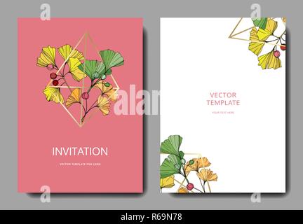 Vecteur. Feuille de ginkgo. Fond carte rose de mariage. Je vous remercie, rsvp, invitation carte élégante illustration graphic. Illustration de Vecteur