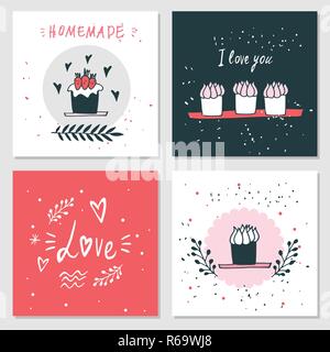 Cartes mignon avec lettrage love Valentines Day délicieux dessert alimentaire Vector illustration Illustration de Vecteur
