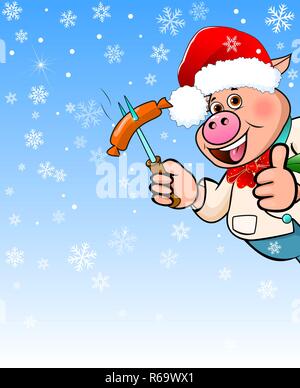 Cartoon chat en hat Santa Claus holding une saucisse barbecue dans sa main. Illustration de Vecteur