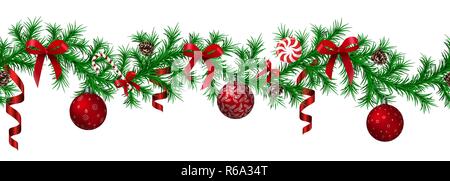 Sapin de Noël avec de la frontière Garland, branches de sapin, rouge et argent baubles, pommes de pin et autres ornements Illustration de Vecteur