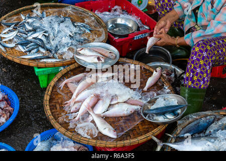 Vendeur de rue à Hue, Vietnam marché de poissons traditionnels qui vendent du poisson frais sur le trottoir. Banque D'Images