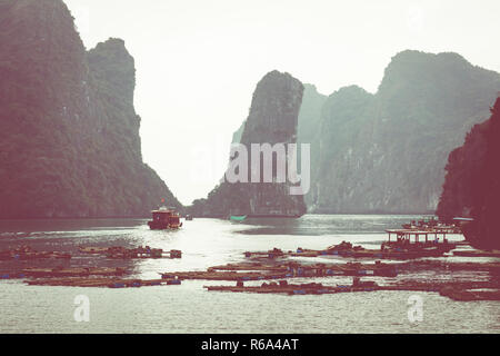 Village de pêcheurs flottant et des bateaux de pêche dans l'île de Cat Ba, au Vietnam, en Asie du sud-est. UNESCO World Heritage Site. Banque D'Images