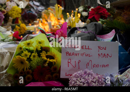 En Deuil et fleurs gauche photos et allumé des bougies à l'extérieur de l'ancien Président Nelson Mandela's house à Houghton, Johannesburg, le vendredi 6 décembre 2013. Le vétéran est décédé jeudi soir, le 5 décembre 2013. PHOTO : EVA-LOTTA JANSSON Banque D'Images