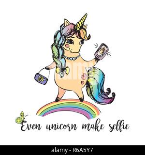 Unicorn Fashion girl avec sac et téléphone cellulaire debout sur rainbow,isolé sur fond blanc,hand drawn vector illustration Illustration de Vecteur