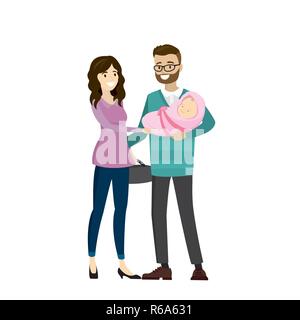 Famille jeune couple avec bébé nouveau-né,isolé sur fond blanc,cartoon vector illustration Illustration de Vecteur