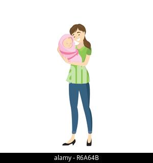 Beauté femme avec bébé nouveau-né,isolé sur fond blanc,cartoon vector illustration Illustration de Vecteur