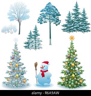 Jeu de vacances de Noël, Sapins avec décorations de fête d'hiver, vert et blanc, d'arbres et d'arbustes de neige, bonhomme de dessin animé dans un rouge Santa Claus Hat. Vector Illustration de Vecteur