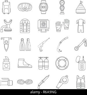 Fournitures de plongée icon set. Contours ensemble d'icônes vectorielles fournitures plongée pour la conception web isolé sur fond blanc Illustration de Vecteur