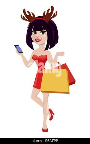 Carte de vœux de Noël. Belle femme portant des cornes de renne avec masque rigolo. Smiling cartoon character holding shopping bags et smartphone. Vecto Illustration de Vecteur