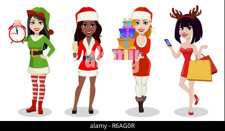 Personnages de Noël. Les femmes portant des costumes pour les vacances. Utilisable pour carte de souhaits, bannière, affiche, flyer. Vector illustration sur fond blanc Illustration de Vecteur