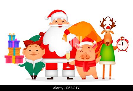 Personnages de Noël pour les vacances. Le Père Noël, Santa helper Elf, cerfs, cochon. Utilisable pour carte de voeux, affiche, bannière etc. Vector illustration sur wh Illustration de Vecteur