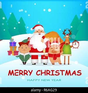 Personnages de Noël pour les vacances. Le Père Noël, Santa helper Elf, cerfs, cochon. Utilisable pour carte de voeux, affiche, bannière etc. Vector illustration avec Illustration de Vecteur