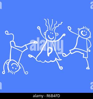 Trois enfants en train de jouer. Style de dessin pour enfants. Vector illustration. Silhouette sur un fond bleu clair. Illustration de Vecteur