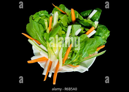 Menu de poisson mélanger greenies avec feuilles de roquette, les carottes, la laitue et les tranches de pomme sur fond noir au sol Banque D'Images