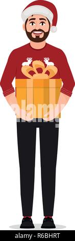 Un homme tenant une boîte-cadeau, un heureux homme portant un chapeau de Noël, vector illustration sur fond blanc Illustration de Vecteur