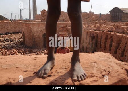 Travaux soient affectés à un champ en brique avec des conditions insalubres à Dhaka, au Bangladesh. Travaux y compris les enfants travaillent sur le champs jusqu'à la tombée de la brique avec une mauvaise condition comme leur salaire pas de norme minimale. La croissance la plus rapide du Bangladesh a classé pays au monde que l'urbanisation progresse rapidement. En dépit de la brique est la clé pour construire la structure du bâtiment en tant que grand nombre de chantiers en briques de terres agricoles a eu lieu dans la réduction de la production agricole. La plupart des chantiers de bois, l'utilisation de la brique pour brûler du charbon comme la brique crue d'émission de gaz CO2. Banque D'Images