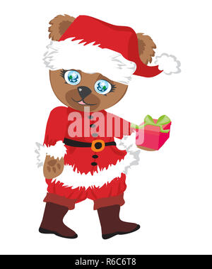 Ours brun mignon dans le costume de Père Noël rouge isolé Banque D'Images