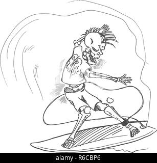 Surfer sur la vague drow main squelette Illustration de Vecteur