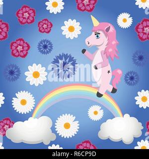 Licorne, fleurs et rainbow - modèle vectoriel continu dans le style cartoon Illustration de Vecteur