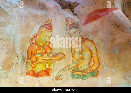 5ème siècle peintures pariétales du Rocher de Sigiriya Sigiriya est inscrite au Patrimoine Mondial de l'Unesco au Sri Lanka Banque D'Images