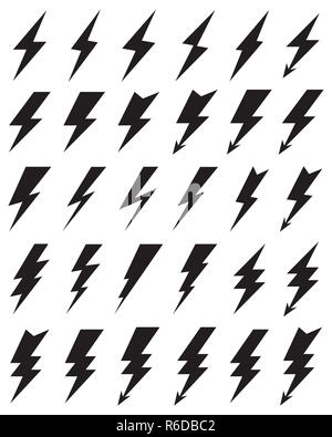 Icônes noires du tonnerre l'éclairage sur un fond blanc Banque D'Images