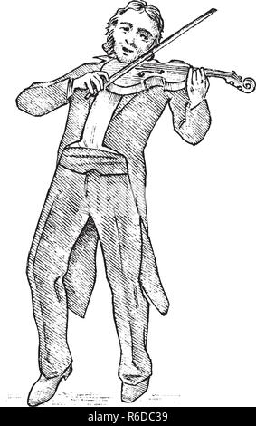 L'homme joue du violon. Musicien avec un instrument classique. Les performances avec un orchestre symphonique. Style Vintage Music concept. Gravé à la main dessin monochrome. vector illustration Illustration de Vecteur