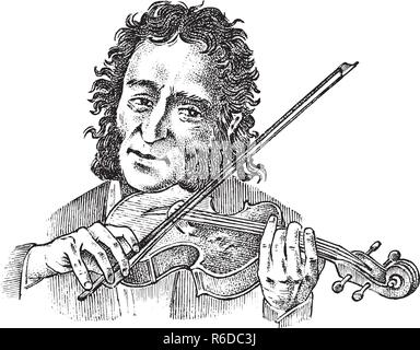L'homme joue du violon. Musicien avec un instrument classique. Les performances avec un orchestre symphonique. Style Vintage Music concept. Gravé à la main dessin monochrome. vector illustration Illustration de Vecteur